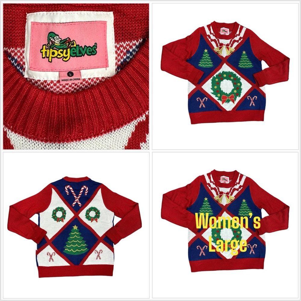 Women’s Tipsy Elves Holiday Christmas Tree Bells Large Sweater Red Colorful EUC